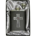 8oz 'Intricate Celtic Cross' Black Genuine Leather Flask & Funnel Gift Set