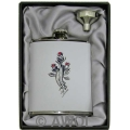 6oz 'Three Roses' White Genuine Leather Flask & Funnel Gift Set