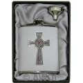 6oz 'Intricate Celtic Cross' White Genuine Leather Flask & Funnel Gift Set