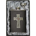 8oz 'Intricate Celtic Cross' Black Top Grain Leather Flask & Funnel Gift Set