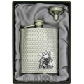 8oz 'Feel Lucky Skull' Heavy Gauge Honeycomb Chrome Flask & Funnel Gift Box