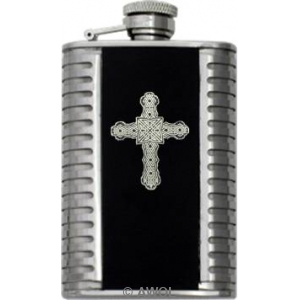 3.5 oz 'Gothic Celtic Cross' Black Bonded Leather Metal Ribs Flask