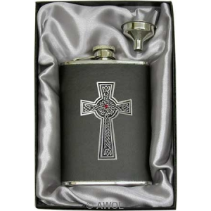 8oz 'Intricate Celtic Cross' Black Genuine Leather Flask & Funnel Gift Set