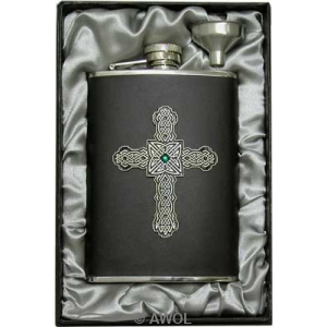 8oz 'Gothic Celtic Cross' Black Genuine Leather Flask & Funnel Gift Set