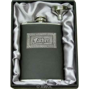 8oz Celtic 'Father' Black Genuine Leather Flask & Funnel Gift Set