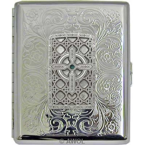 'Gothic Celtic Cross' Wide 100mm Florentine Chrome Cigarette Case / Stash Box