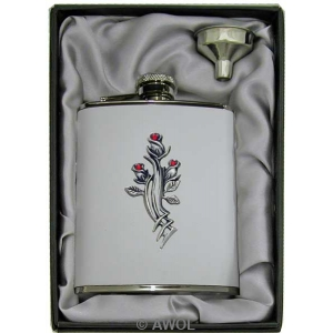 6oz 'Three Roses' White Genuine Leather Flask & Funnel Gift Set