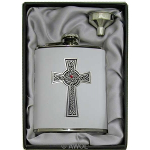6oz 'Intricate Celtic Cross' White Genuine Leather Flask & Funnel Gift Set