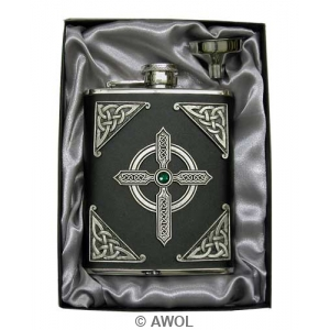 6oz 'Celtic Cross' Black Genuine Leather Flask & Funnel Gift Set