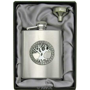 8oz 'Celtic Tree of Life' Heavy Gauge Premium Satin Flask & Funnel Gift Set