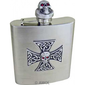 8oz 'Celtic Skull Cross' Heavy Gauge Premium Satin Finish with Skull Top & Funnel Gift Set