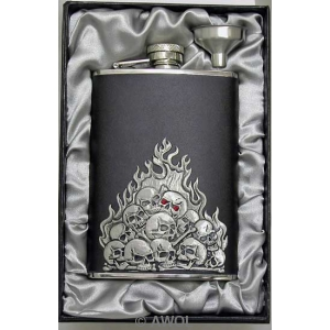 8oz 'Flaming Skulls' Black Genuine Leather Flask & Funnel Gift Set