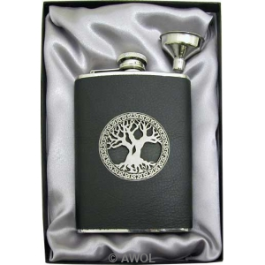 8oz 'Celtic Tree of Life' Black Top Grain Leather Flask & Funnel Gift Set