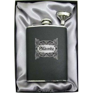 8oz 'Sláinte' Black Top Grain Leather Flask & Funnel Gift Set