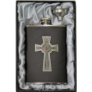 8oz 'Intricate Celtic Cross' Black Top Grain Leather Flask & Funnel Gift Set