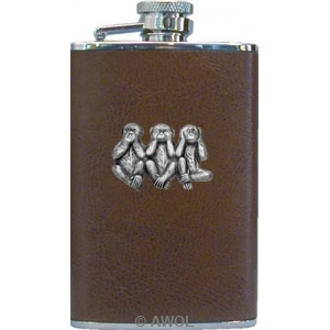 3.5oz 'Three Wise Monkeys' Brown Leather Boot Flask