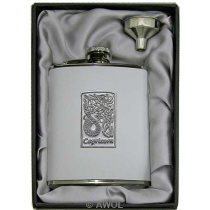 6oz 'Celtic Zodiac Capricorn' White Leather Flask & Funnel Gift Set