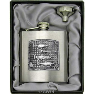 6oz 'Fish Panel' Heavy Gauge Premium Satin Flask & Funnel Gift Set