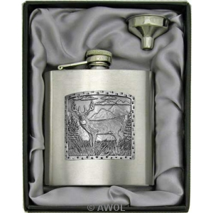 6oz 'Deer Panel' Heavy Gauge Premium Satin Flask & Funnel Gift Set